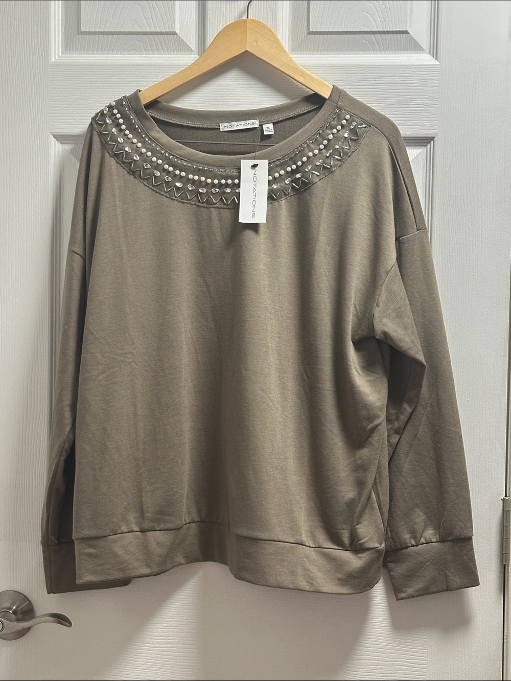 Notations Olive Green/Tan Embellished Crewneck Sweatshirt
